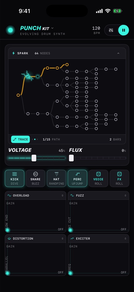 JoltDrum's home screen on iPhone: a tree of drum patterns, the VOLTAGE and FLUX faders, four instrument tiles and four effect pads.